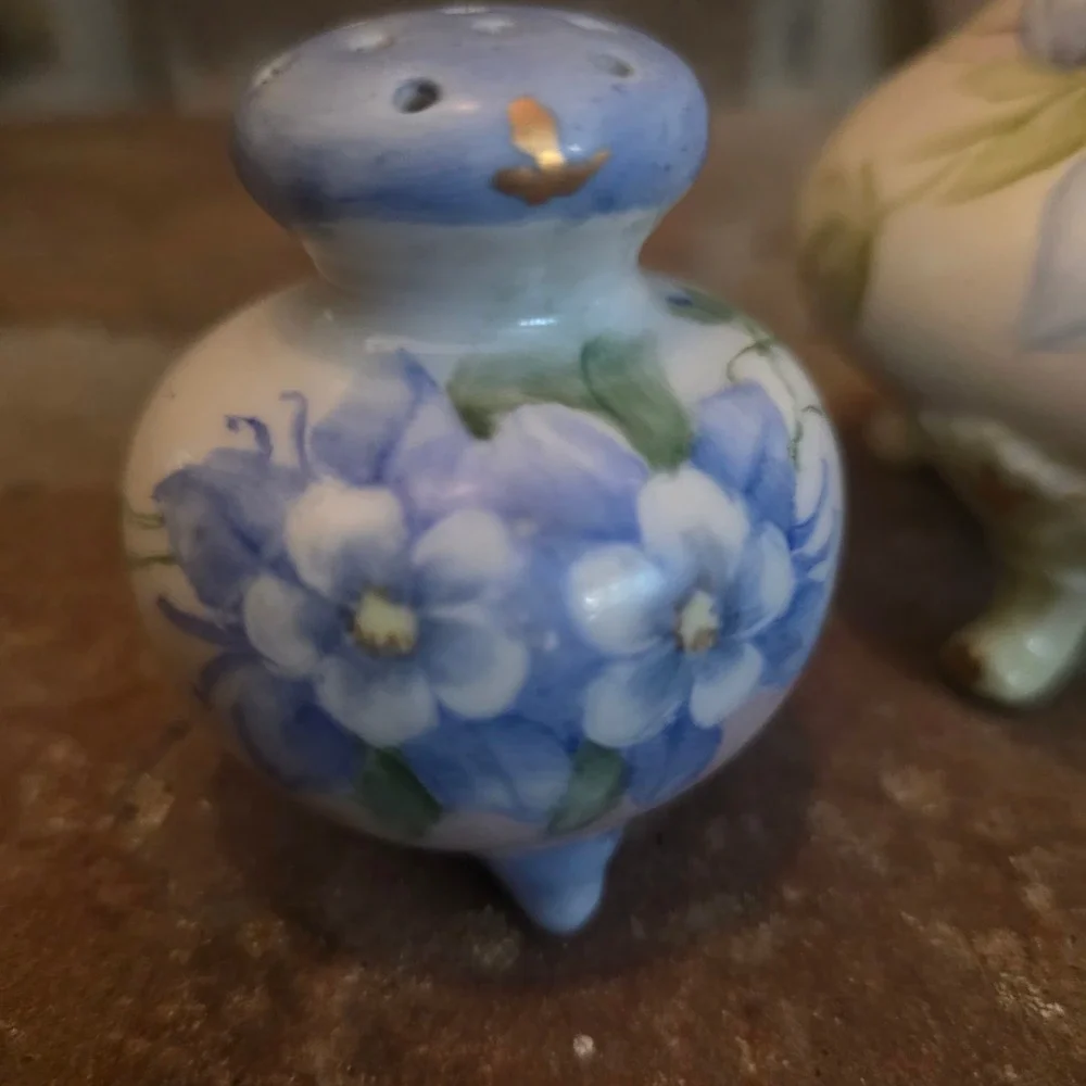 Vintage Hand Painted Japan Porcelain Sugar, Salt, Pepper Shakers Blue Floral
